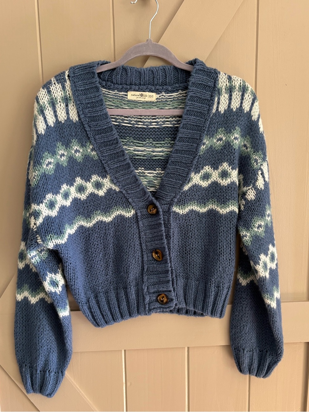 Natural Life Blue & White Patterned VNeck Fair Isle slouchy cropped cardigan XS/